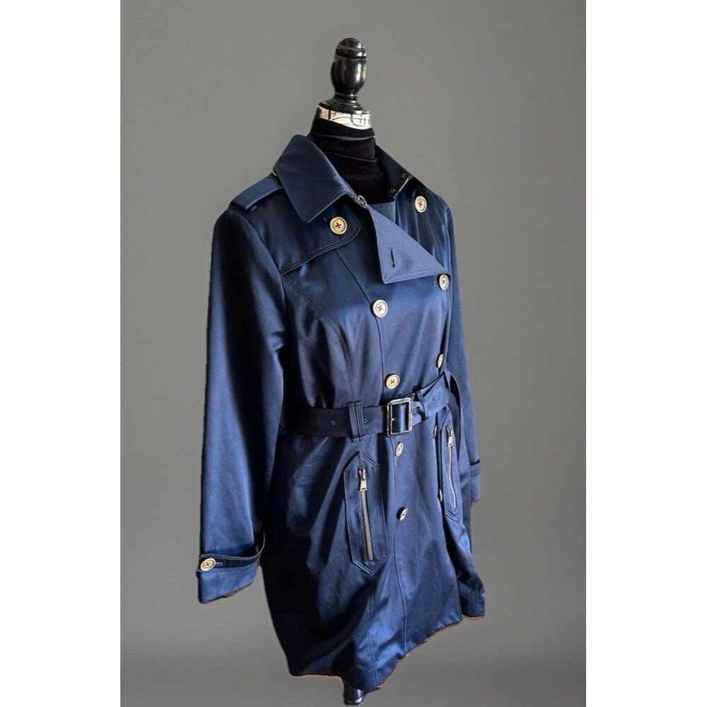 London Fog Heritage Double Breasted Belted Trench Dark Blue Satin Sheen Size L - Picture 3 of 16